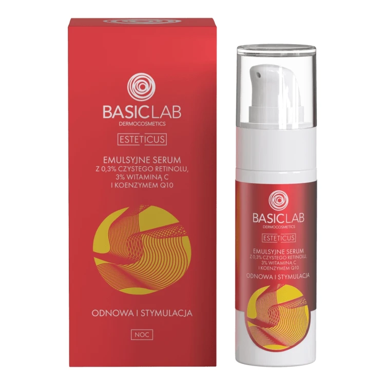 BasicLab Esteticus Emulsyjne serum z 0,3% czystego retinolu, 3% witaminą C i koenzymem Q10 – odnowa i stymulacja 30 ml